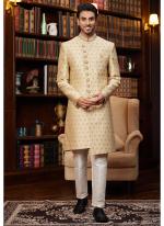 Jacquard Silk Light Golden Wedding Wear Hand Work Readymade Sherwani